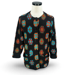 Vintage Rodier Cardigan Sweater Women Large Black Geometric Knit Colorful France